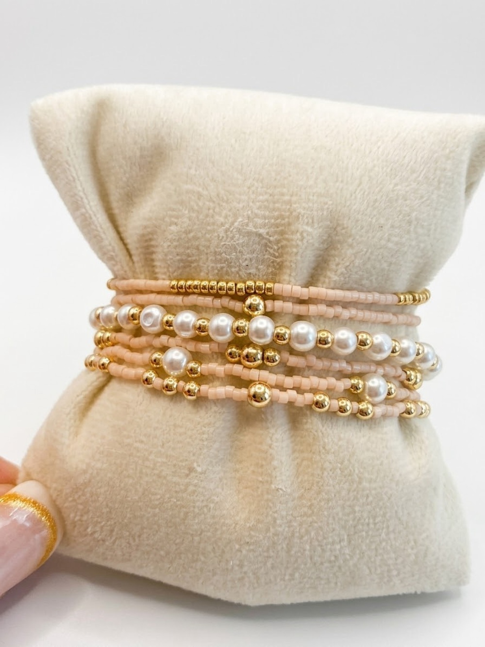 6 Soft Peach, Gold, and Pearl Stackable Bracelets ENewton Inspired. 6.25”